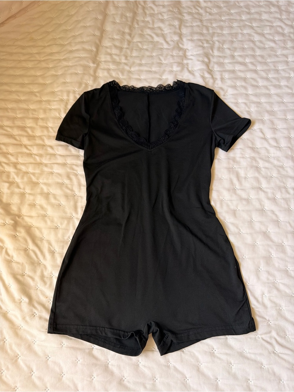 SHEIN Black Lace-Trim Short Sleeve Romper